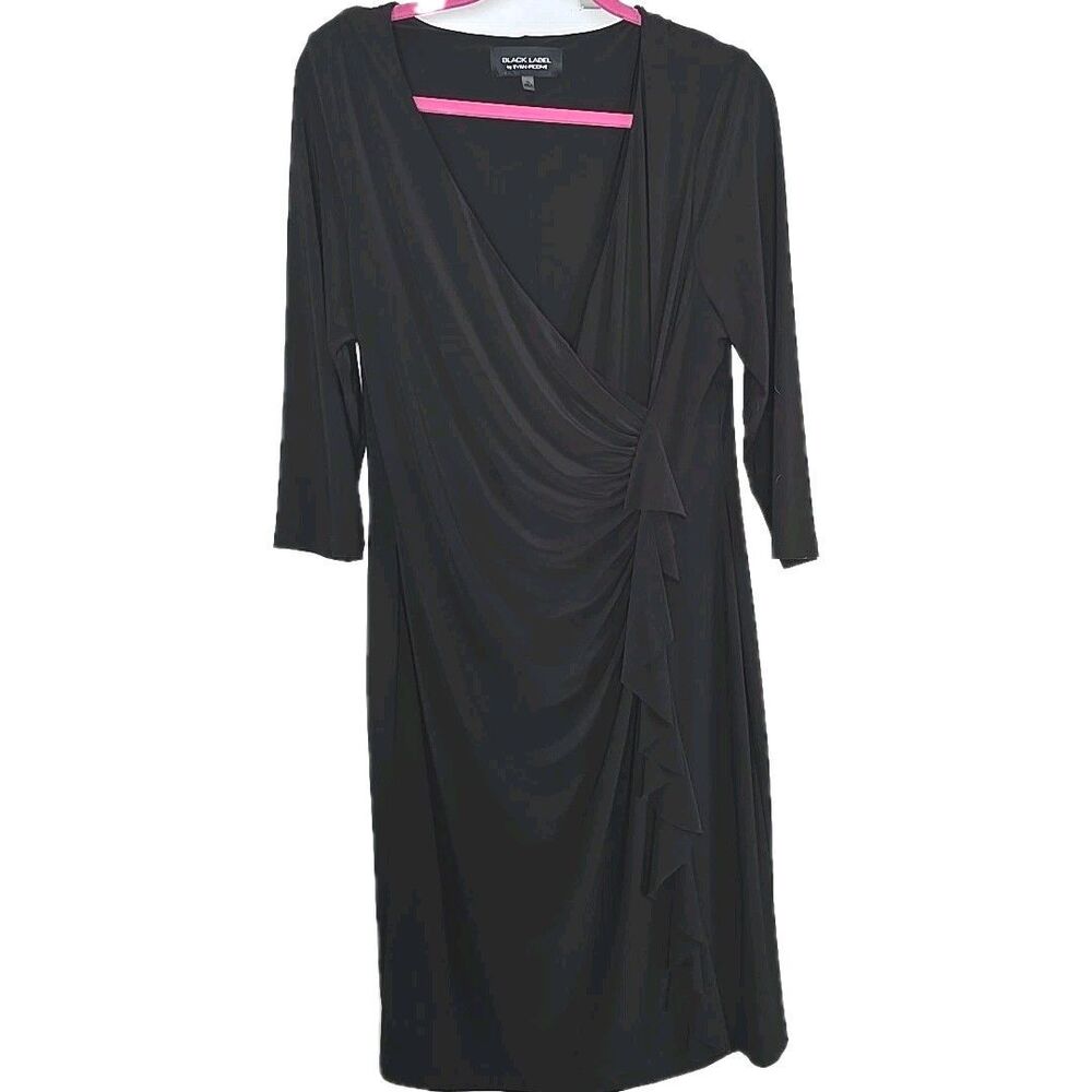 Black Label by Evan Picone Black Dress Faux Wrap Elegant Size 16 Stretchy Midi